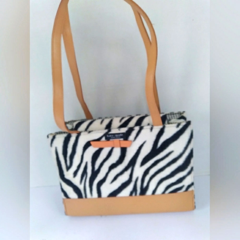 Stylish Zebra Print Handbag with‎ Tan Leather Straps Animal Print Shoulder Purse